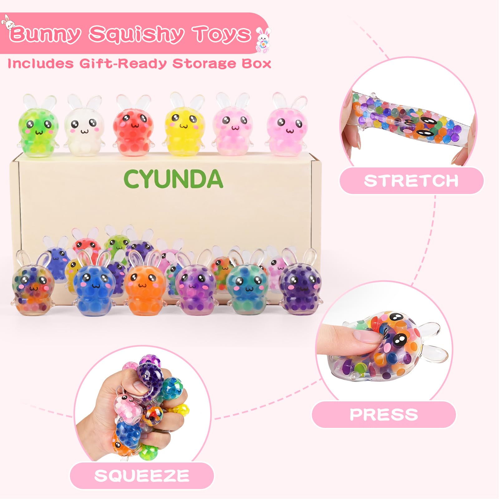 Cyunda soft, non-toxic bunny squishies for safe, tactile Easter fun in baskets.