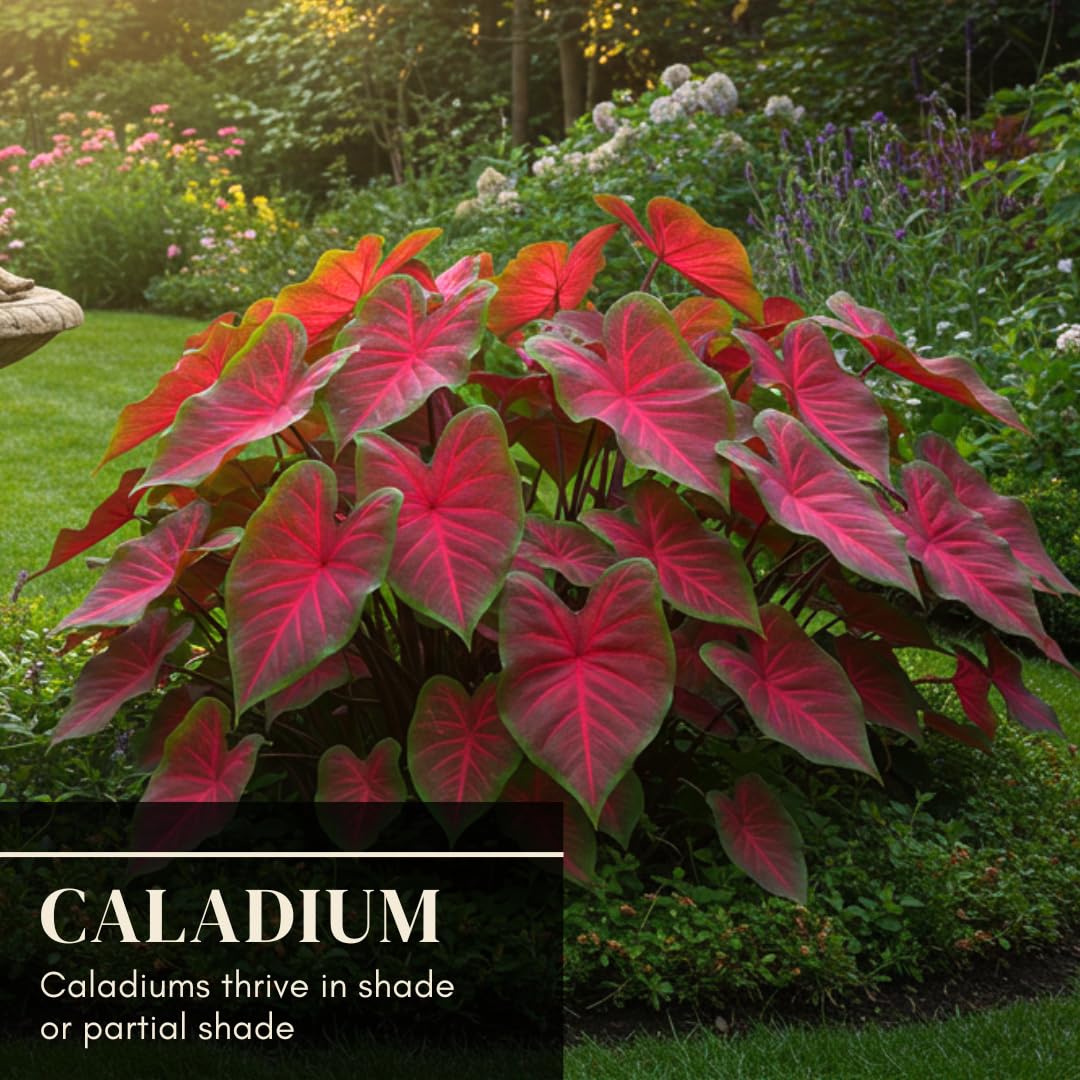 CZ Grain Crimson Sky caladium leaves with large heart-shaped foliage indoors.