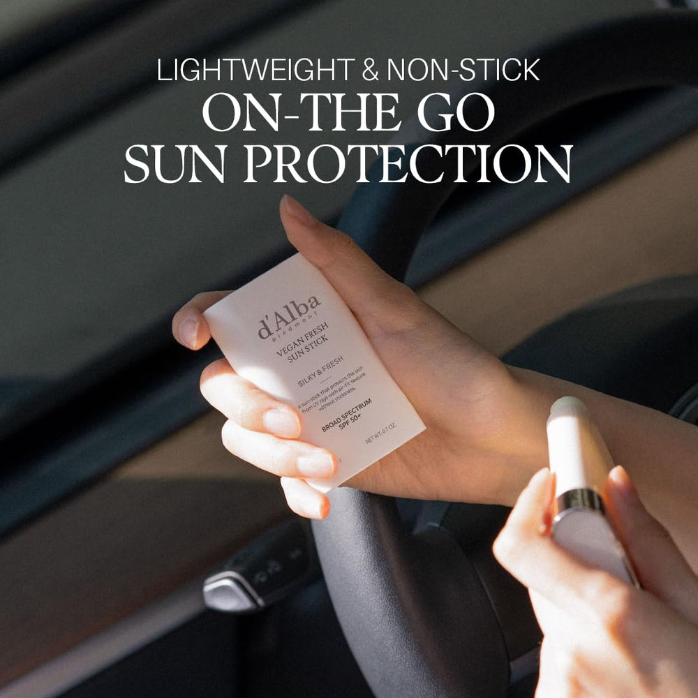 d'alba Piedmont Air Fit Fresh Sun Stick packaging highlighting vegan formula and SPF 50+.