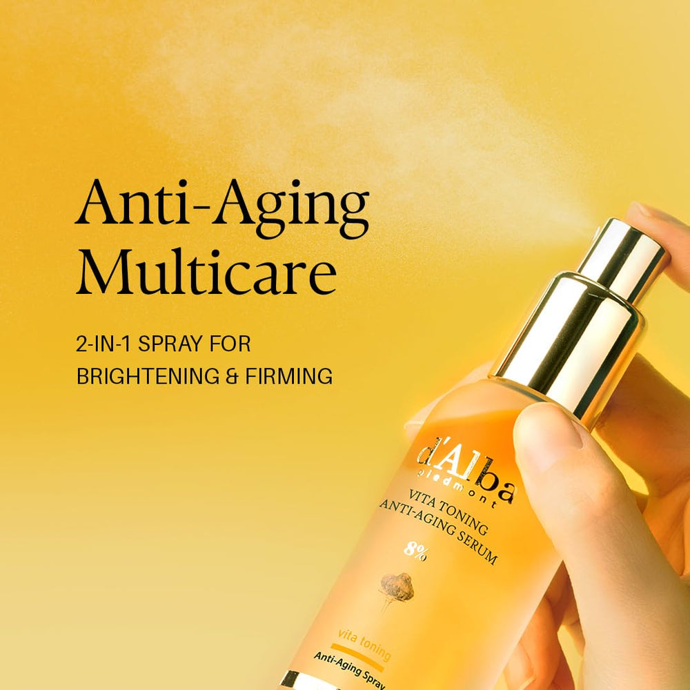 d-alba Piedmont Vita Toning Spray applied to the face during routine for a refreshed look.