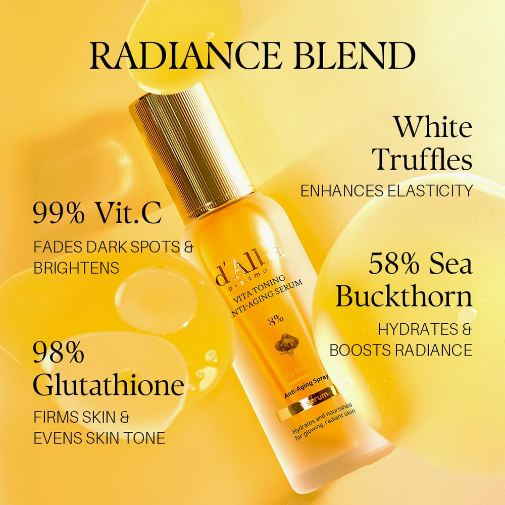 d-alba Piedmont Vita Toning Travel Size bottle on vanity for on-the-go hydration.