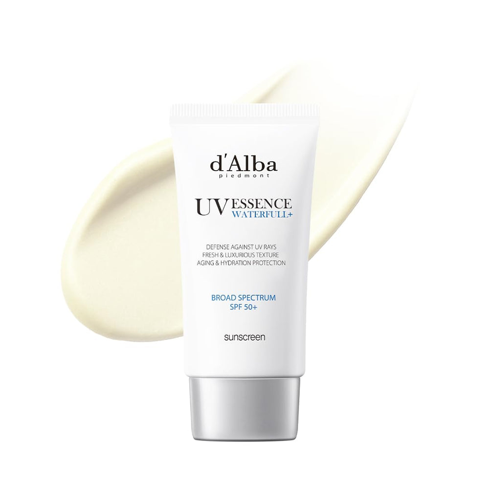 d'alba Piedmont Waterfull Essence Sunscreen bottle applying for a dewy glow and protection
