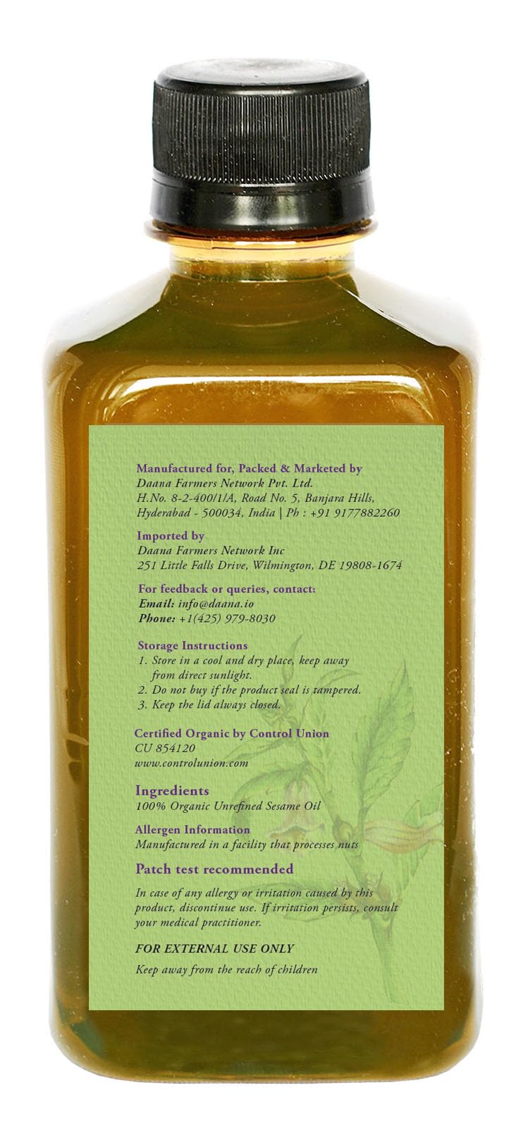 DAANA sesame oil pour-ready action shows easy massage and fast absorption.