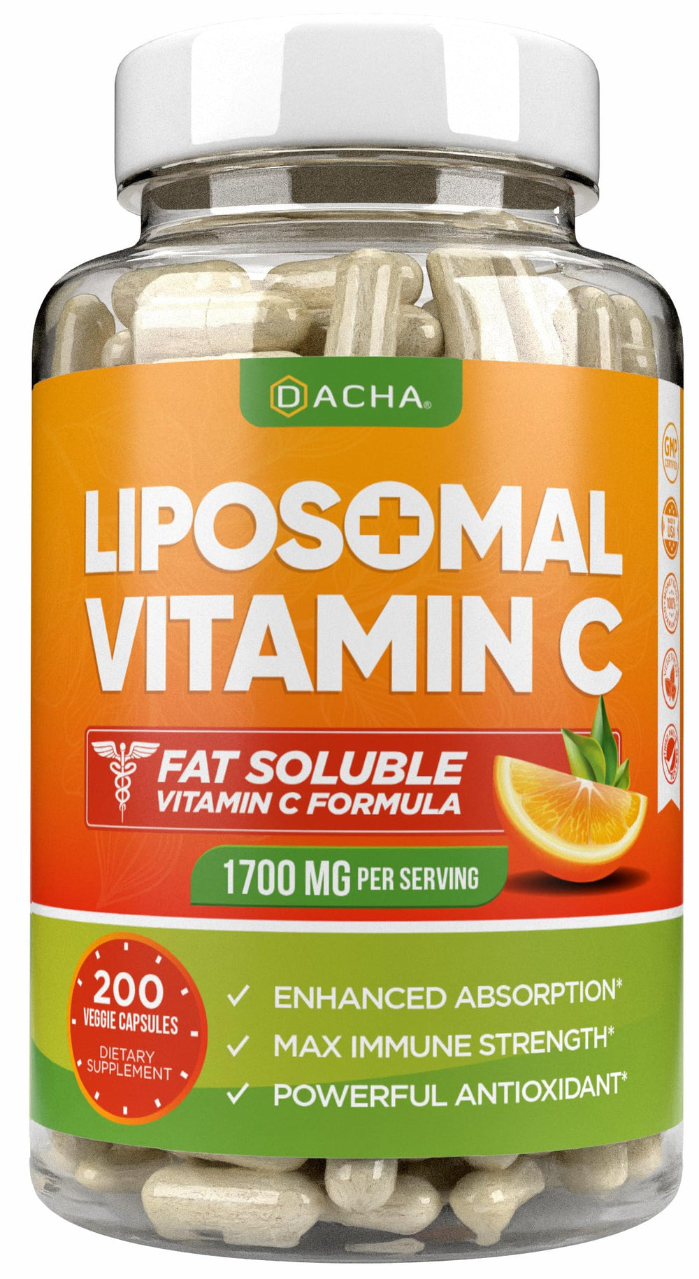 DACHA liposomal vitamin C bottle highlighting high potency for daily immune support