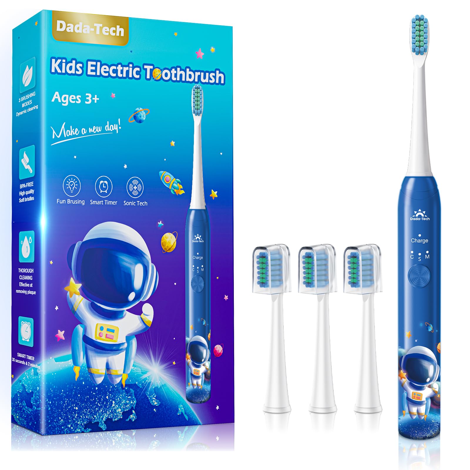 DADA-TECH Kids Electric Toothbrush Astronaut Blue front view supports kid-friendly brushing.