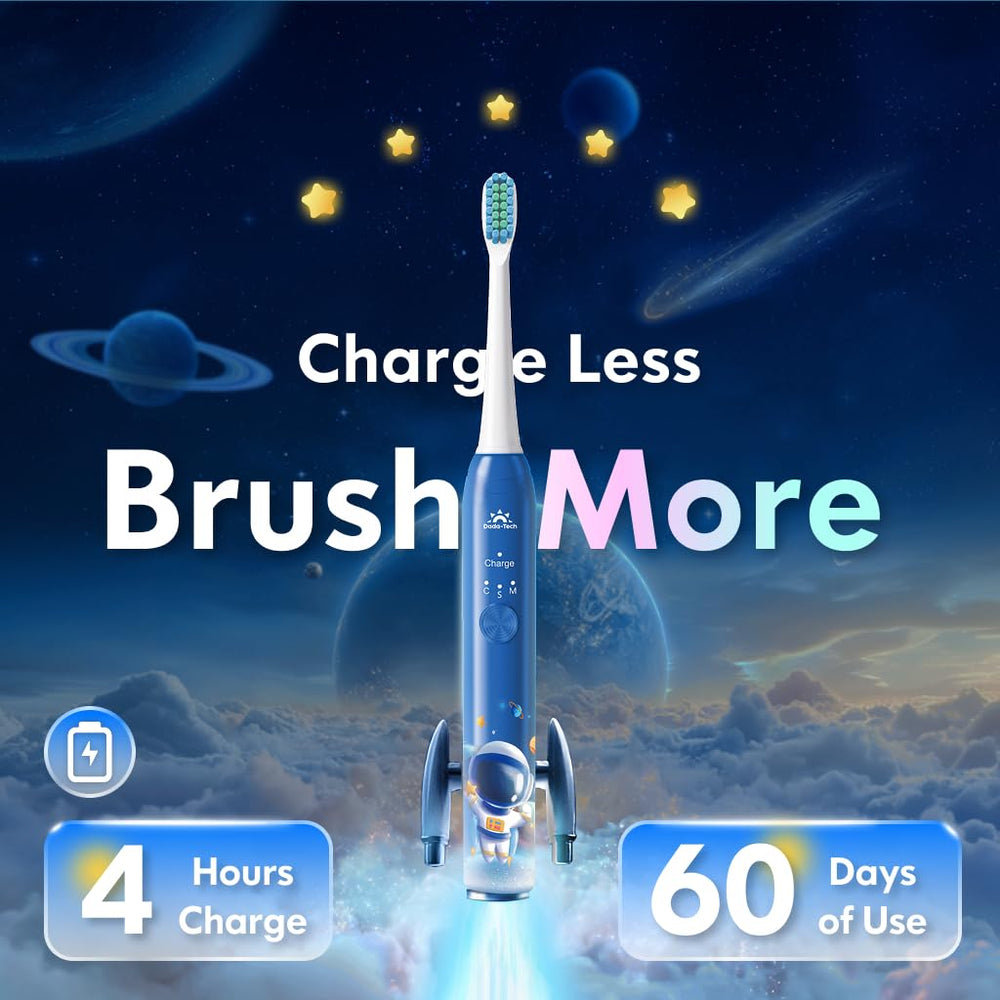 DADA-TECH Astronaut Blue in-use image shows kids brushing with themed fun.