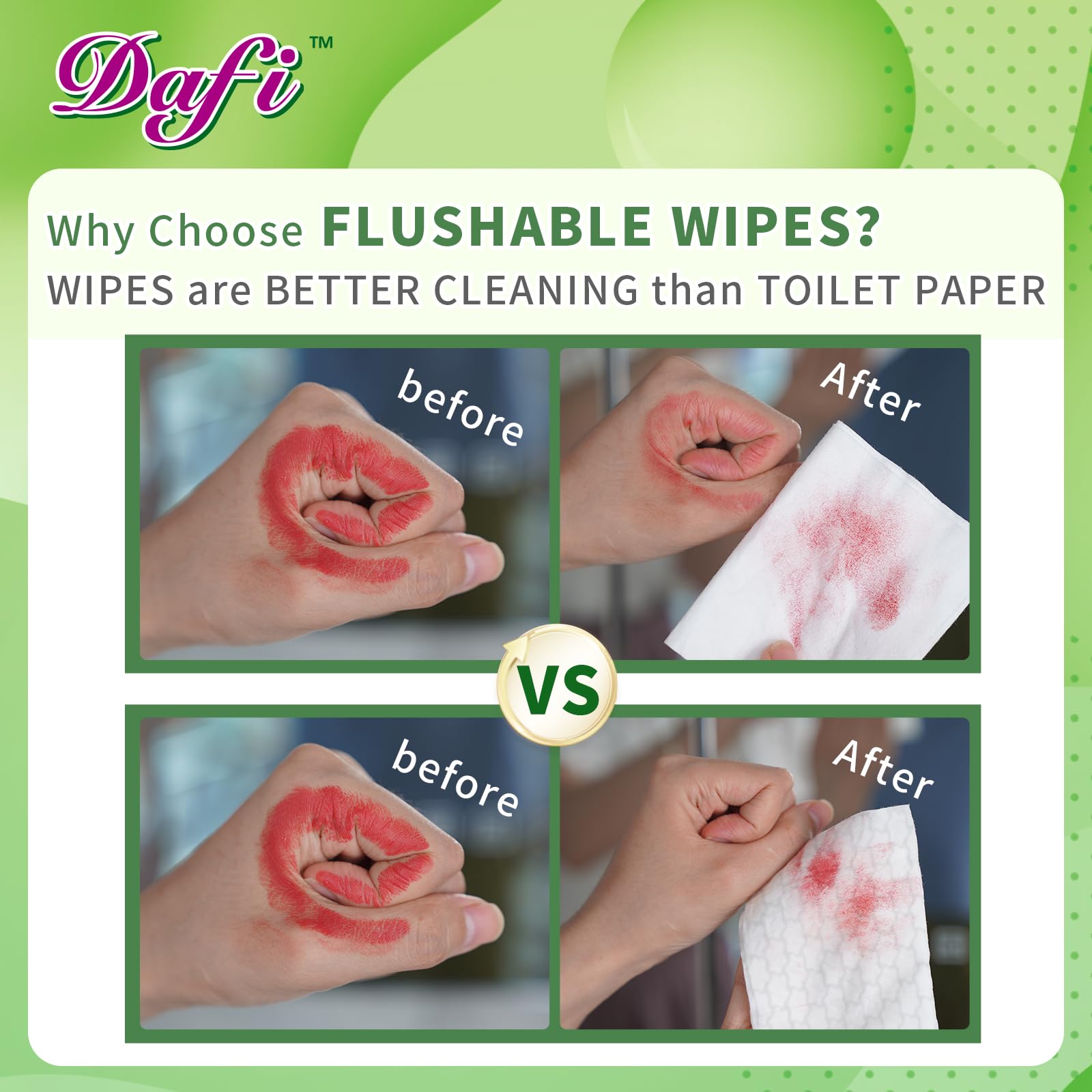 DAFI flushable wipes 480 count pack emphasizing value and convenience
