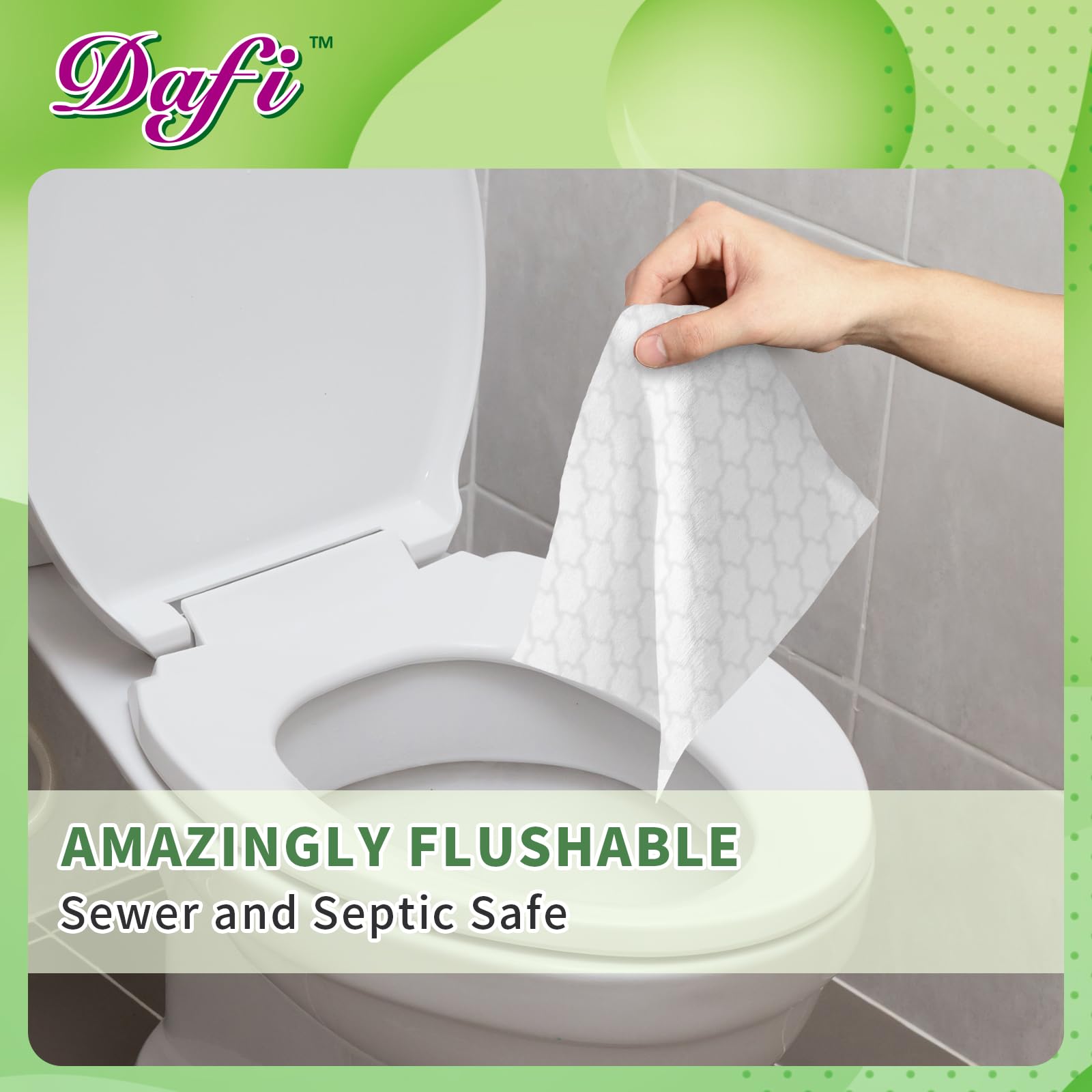 DAFI flushable wipes large size close-up indicating 5.9 by 7.9 inches for broader coverage