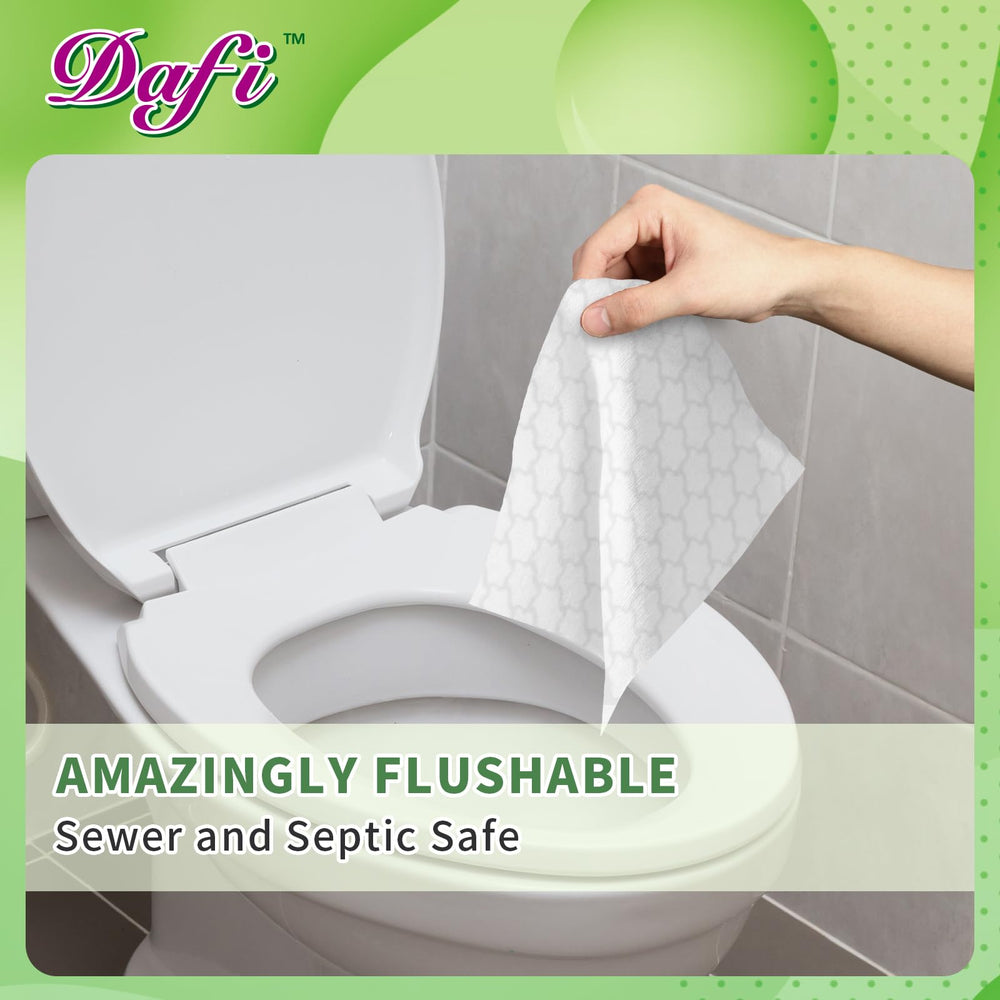 DAFI flushable wipes large size close-up indicating 5.9 by 7.9 inches for broader coverage