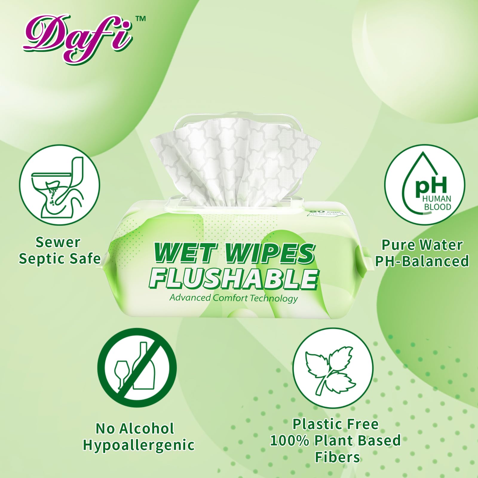 DAFI flushable wipes unscented texture close-up shows gentle plant-based fibers