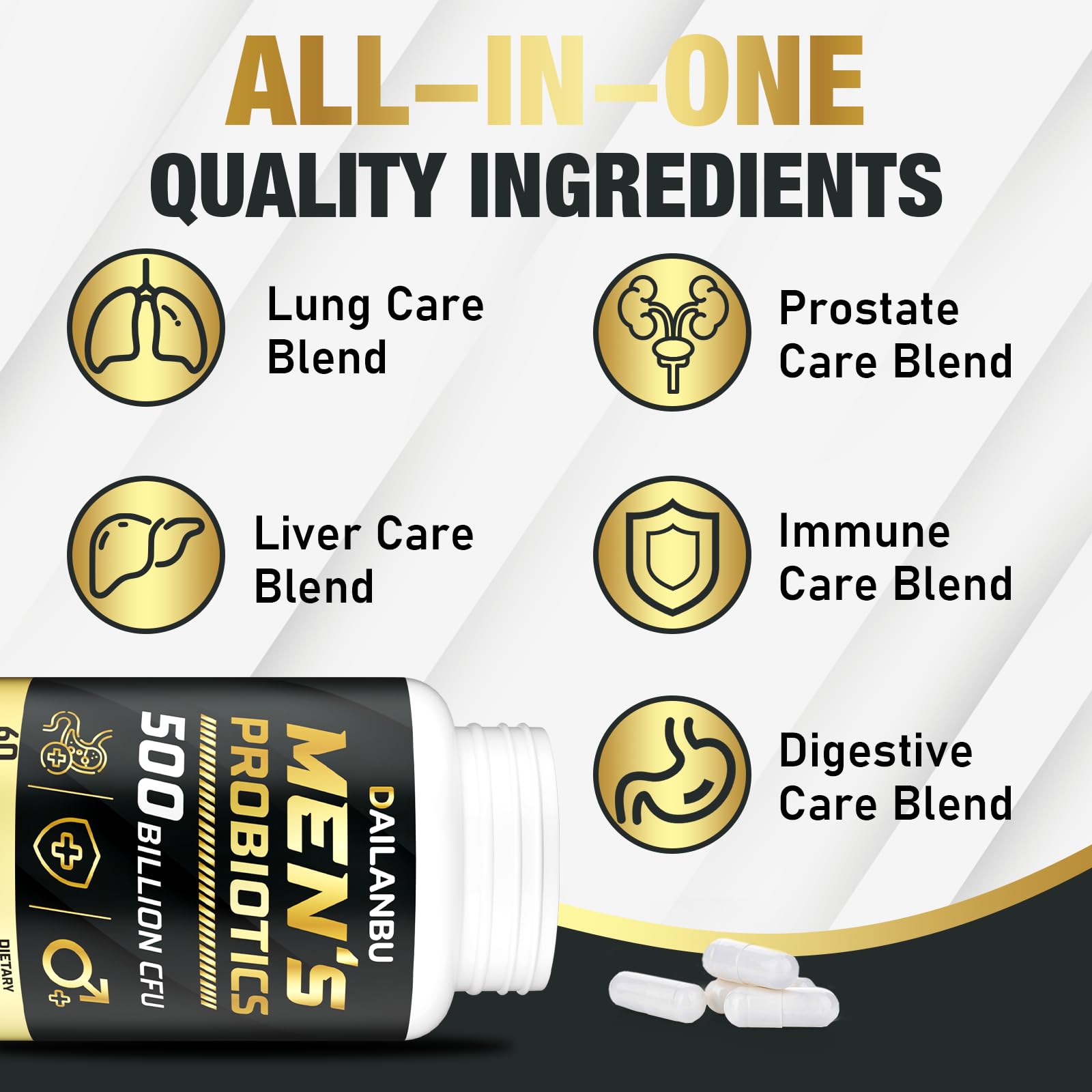Dailanbu Probiotics easy-swallow capsules close-up, convenient daily support.