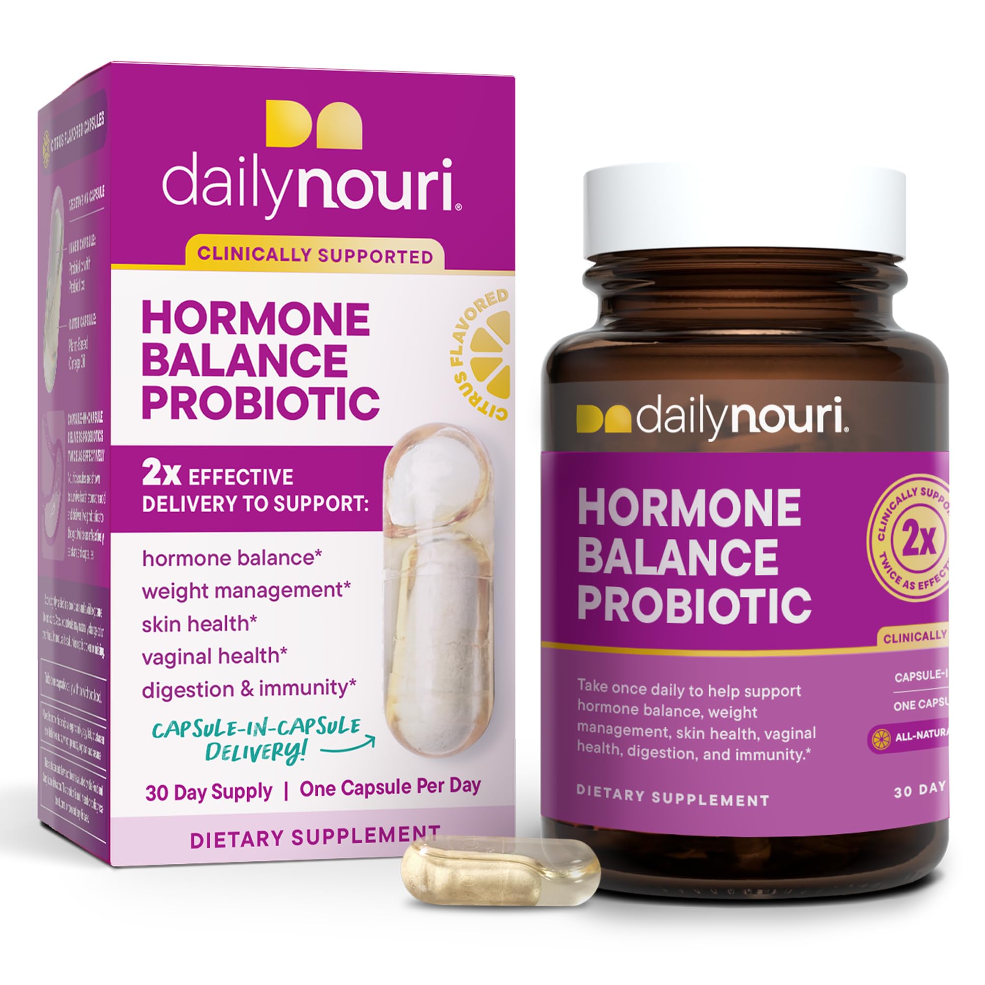 Daily Nouri Hormone Balance Probiotics bottle front for daily wellness support.