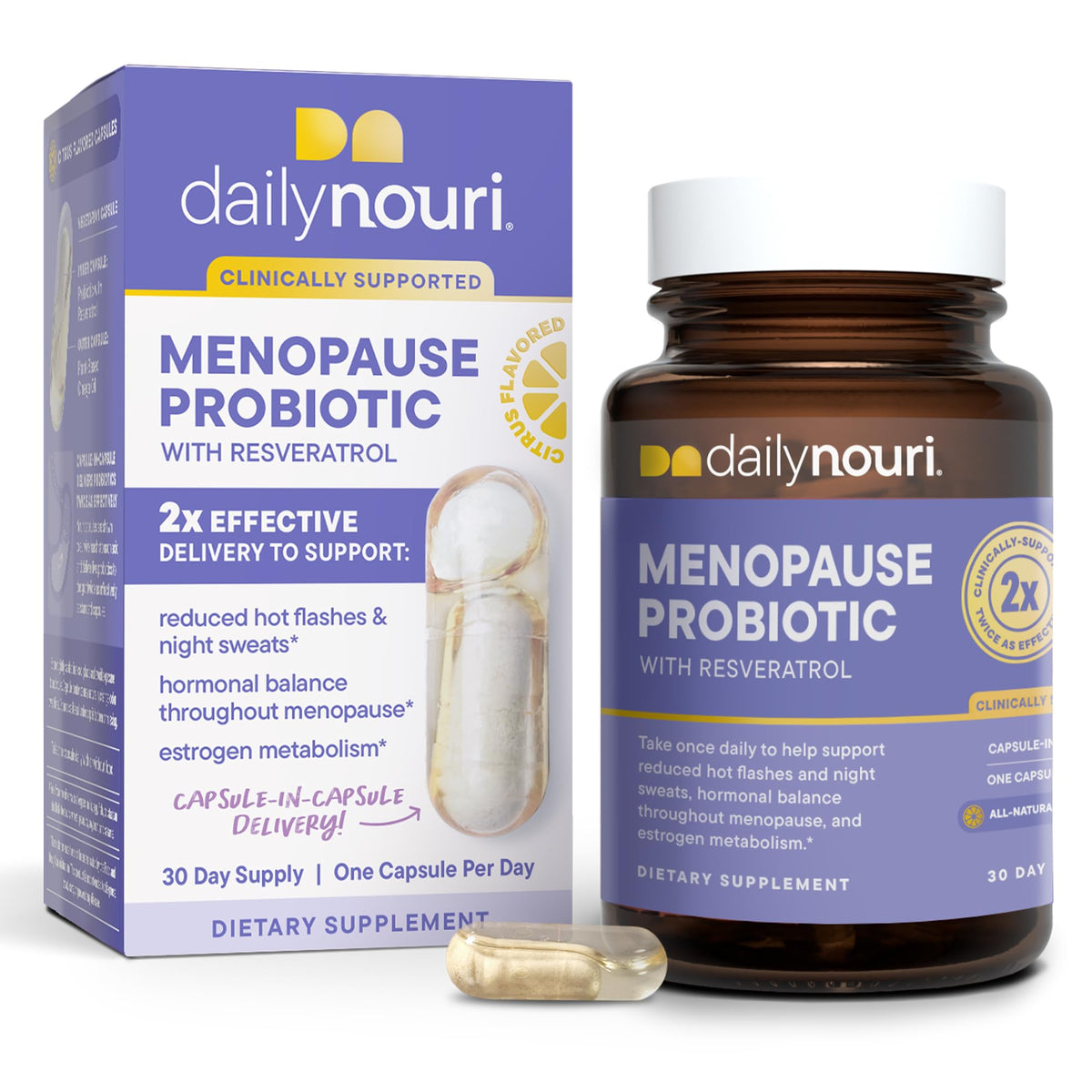 Daily Nouri Menopause Probiotics bottle front showing the clinical blend for balance