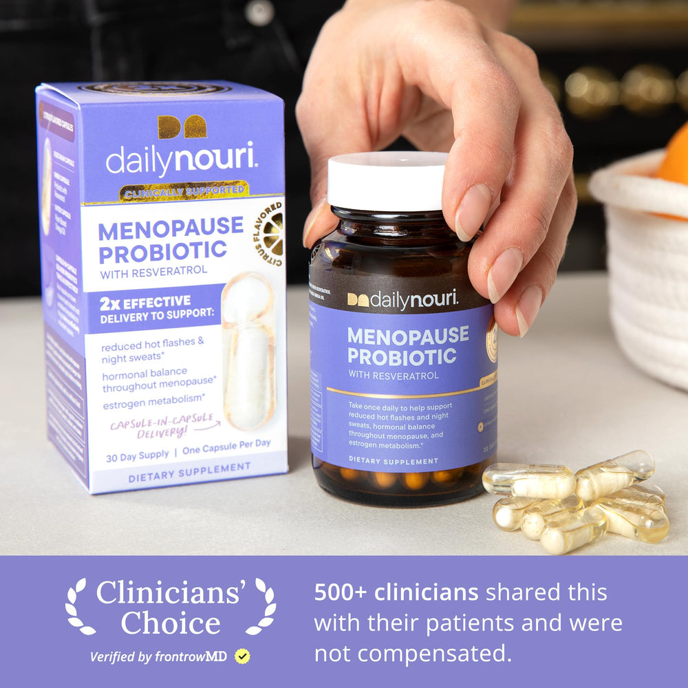 Daily Nouri Menopause Probiotics capsules closeup highlighting capsule-in-capsule delivery for gut health