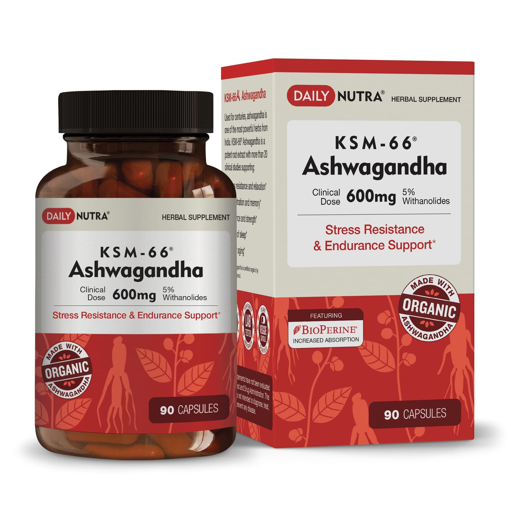 DailyNutra KSM-66 Ashwagandha bottle front view with potent extract for daily calm