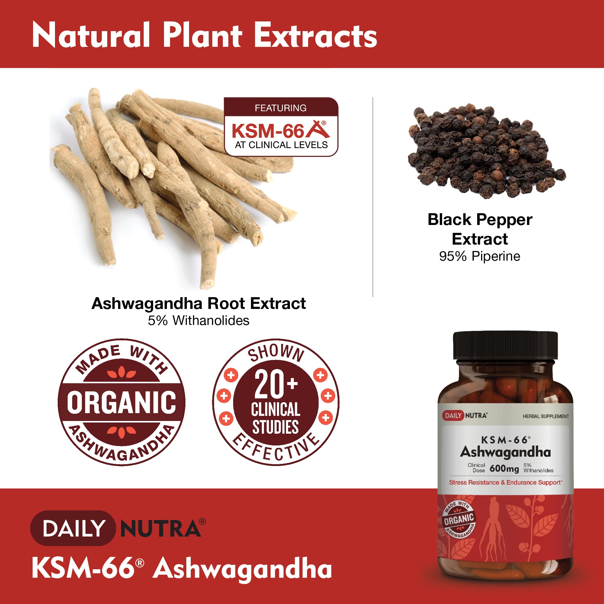 DailyNutra KSM-66 label detail emphasizing organic root extract and 5 percent withanolides