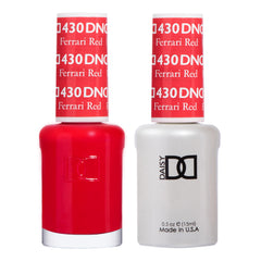 Daisy DND Ferrari Red gel bottle close-up showing rich pigment and smooth application.