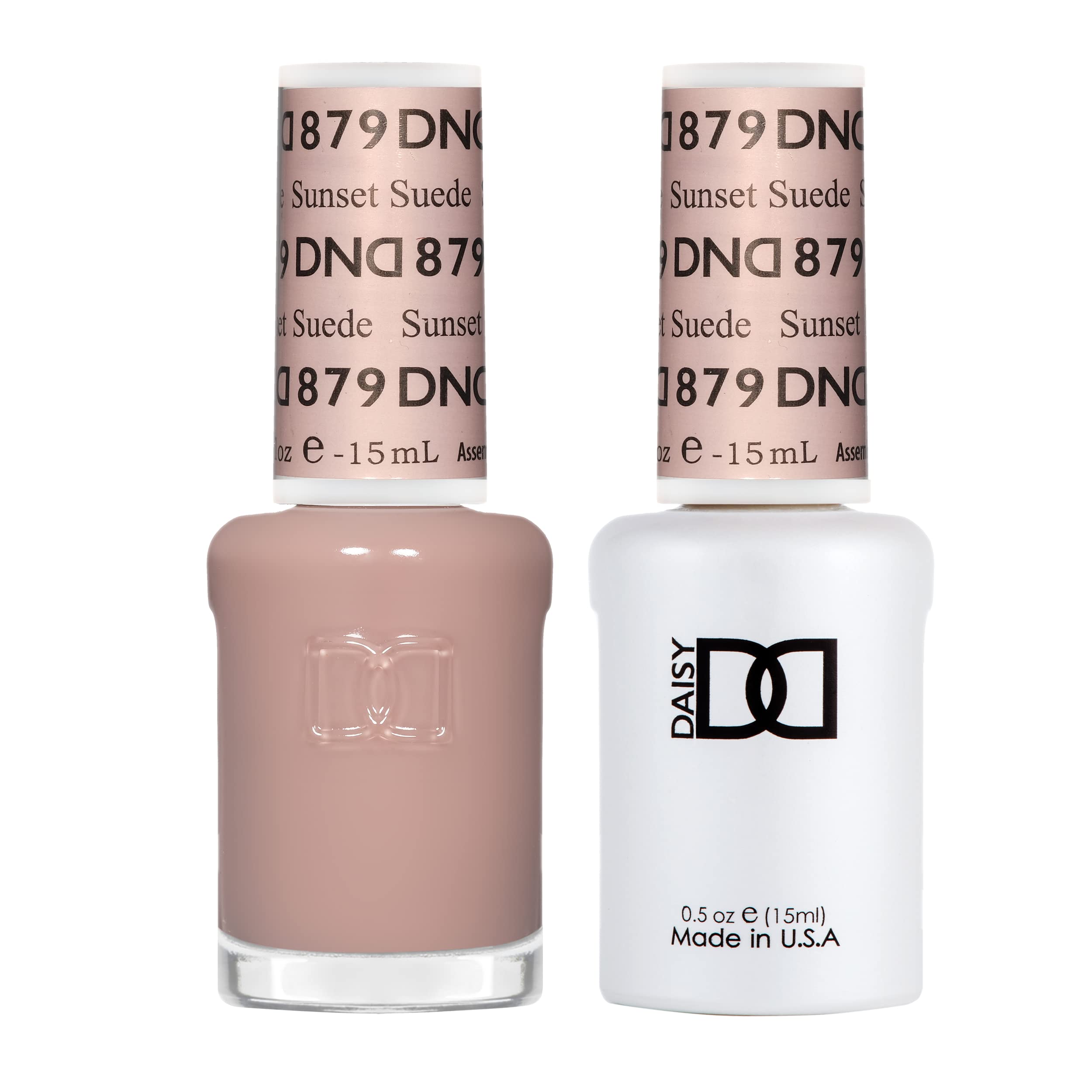 Daisy DND Sunset Suede gel polish bottle close-up, sheer peachy chestnut shade for elegant nails