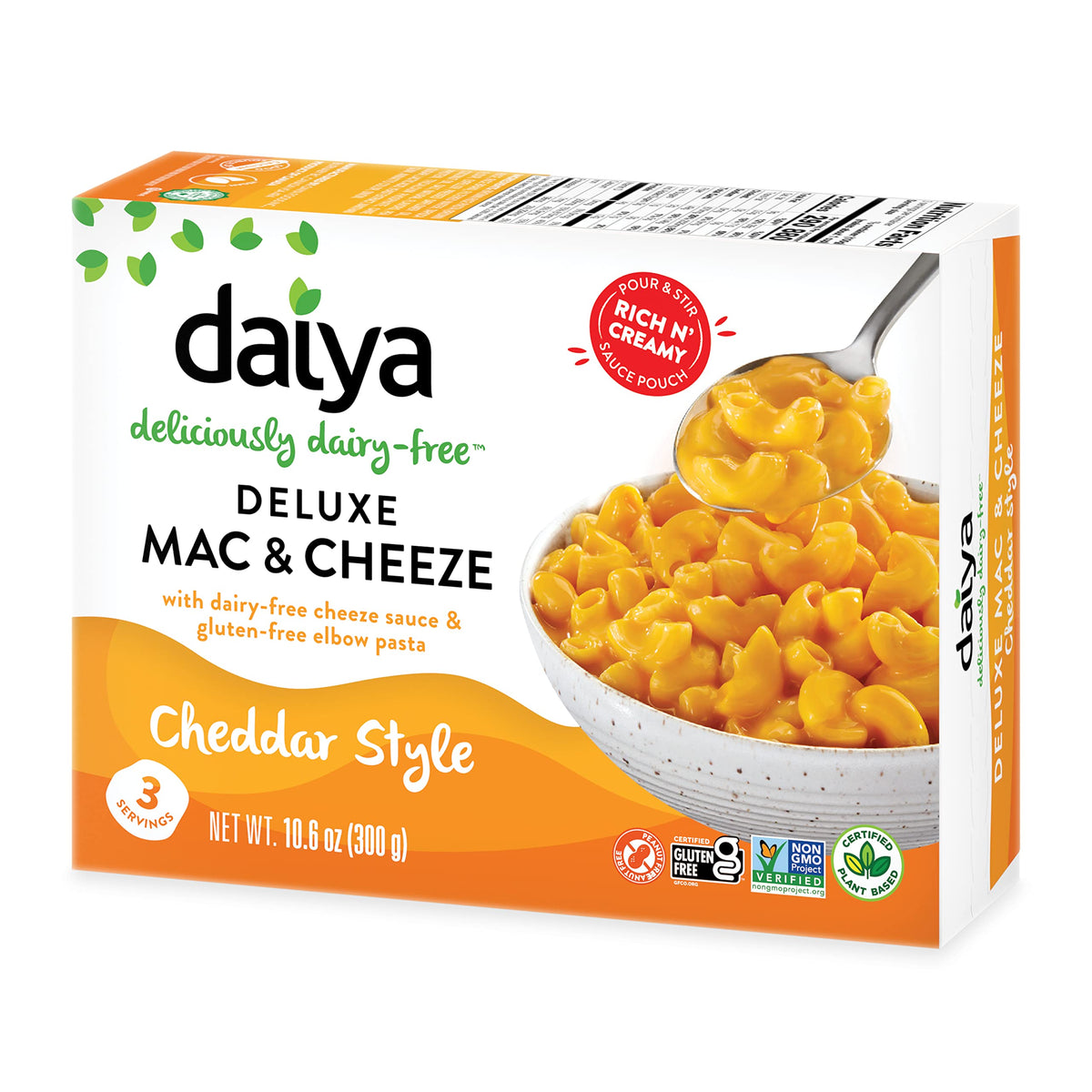 Daiya cheddar style vegan mac and cheese packaging shown for quick meal prep.