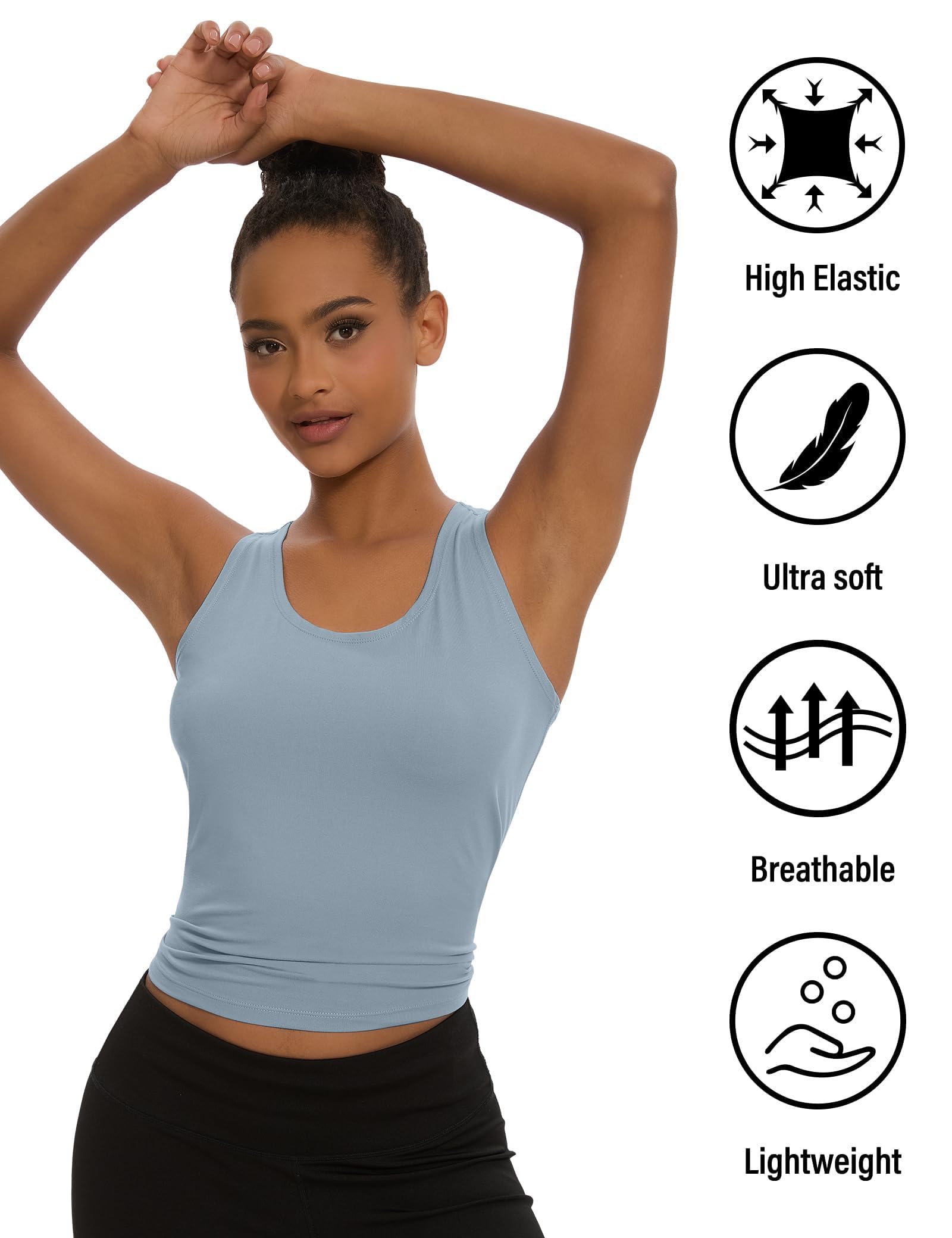 Dalavch women's racerback tank top in heather grey front view, stretch fits through workouts.