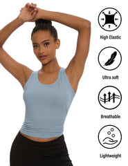 Dalavch women's racerback tank top in heather grey front view, stretch fits through workouts.