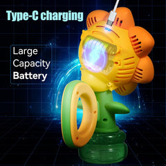 Dali Energy Cat Sunflower Bubble Machine in action with color-changing lights