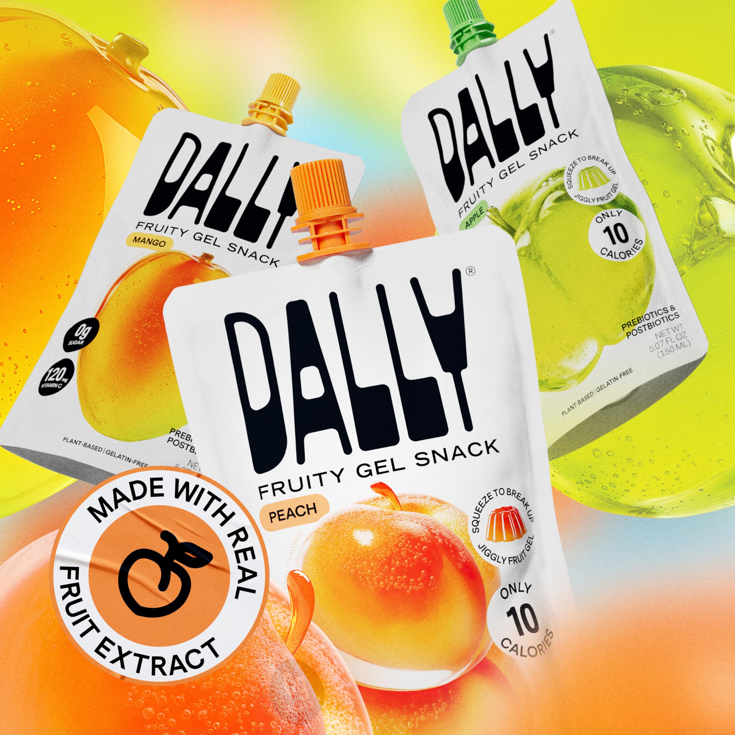 DALLY ingredients badge showing prebiotics and postbiotics