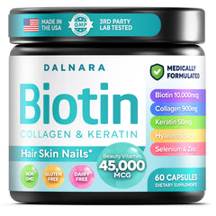 Dalnara Biotin Collagen Keratin bottle showing premium beauty blend for hair and nails.