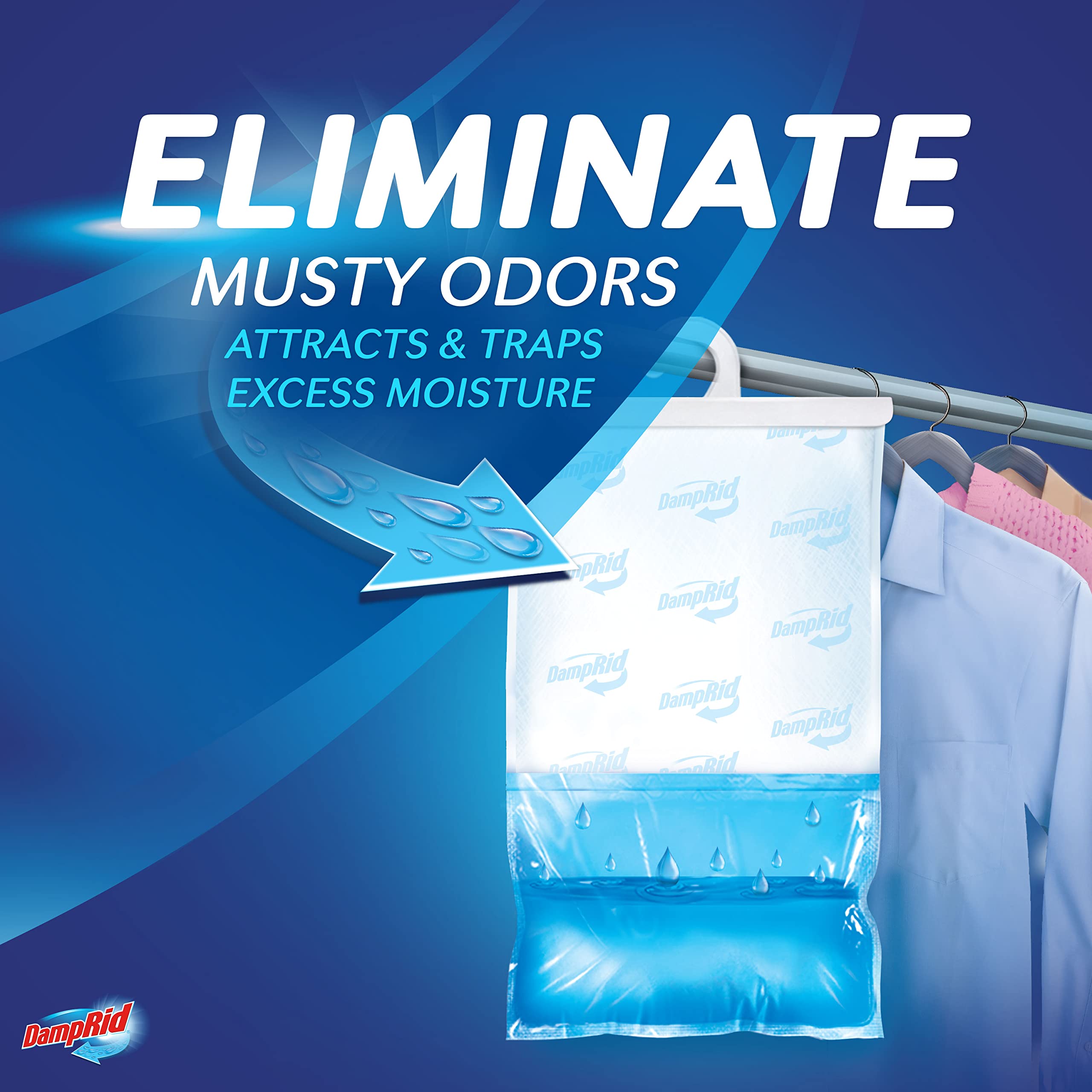 Six-pack DampRid packaging displayed for closets and rooms.