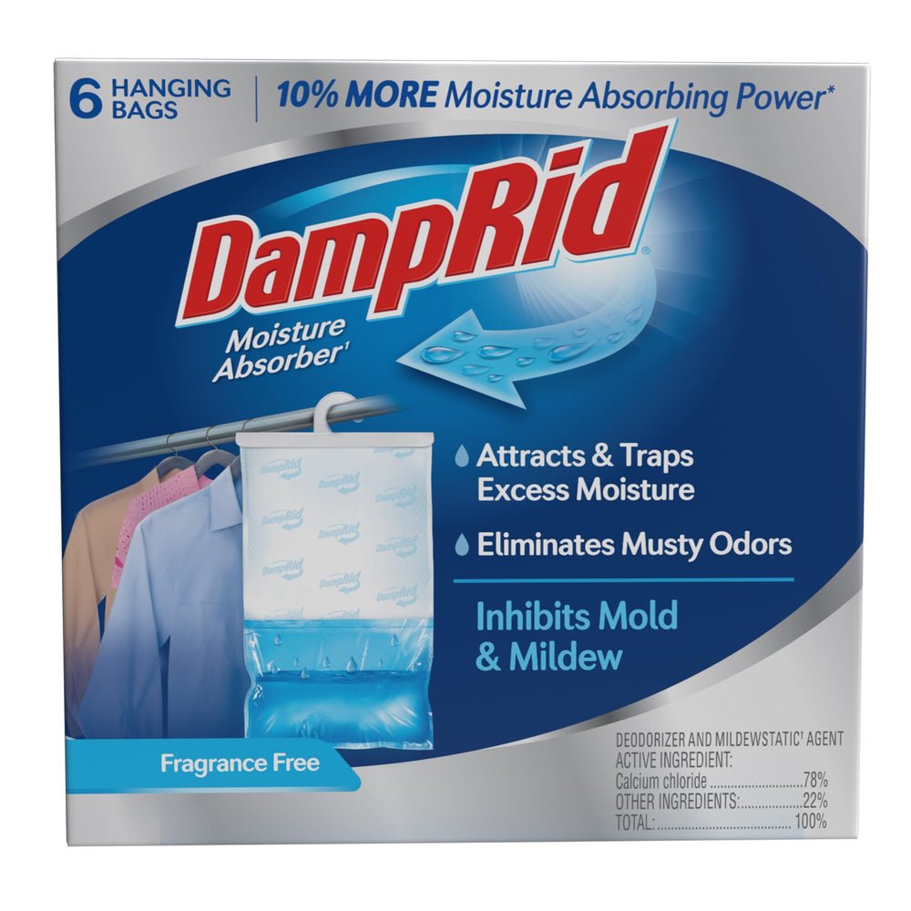 DampRid fragrance-free hanging moisture absorber in a closet reduces musty odors.