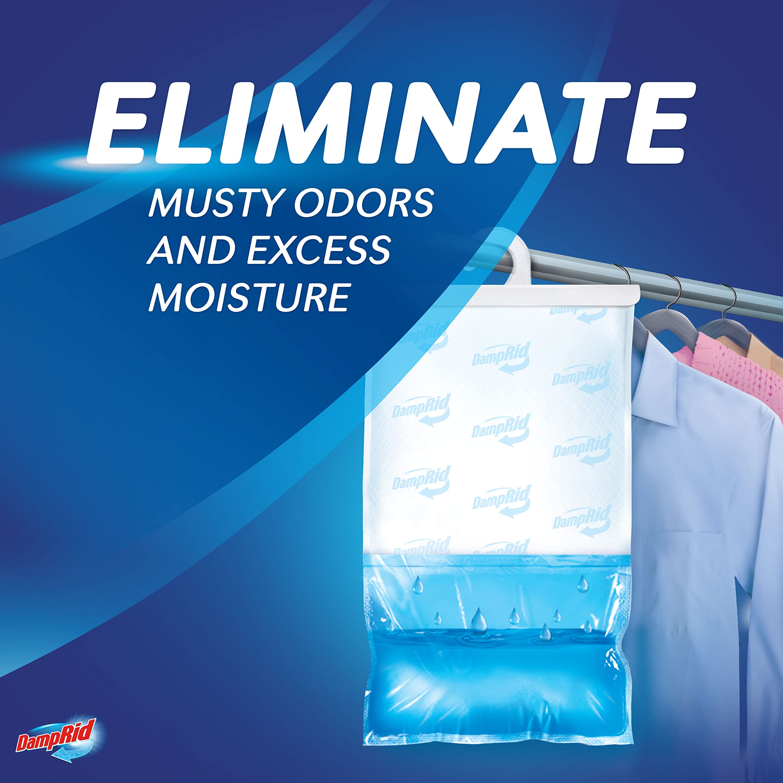 DampRid hanging bag in a closet improves freshness and humidity balance.