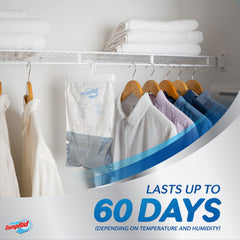 Hanging DampRid bag demonstrates odor elimination without fragrances for fresh air.