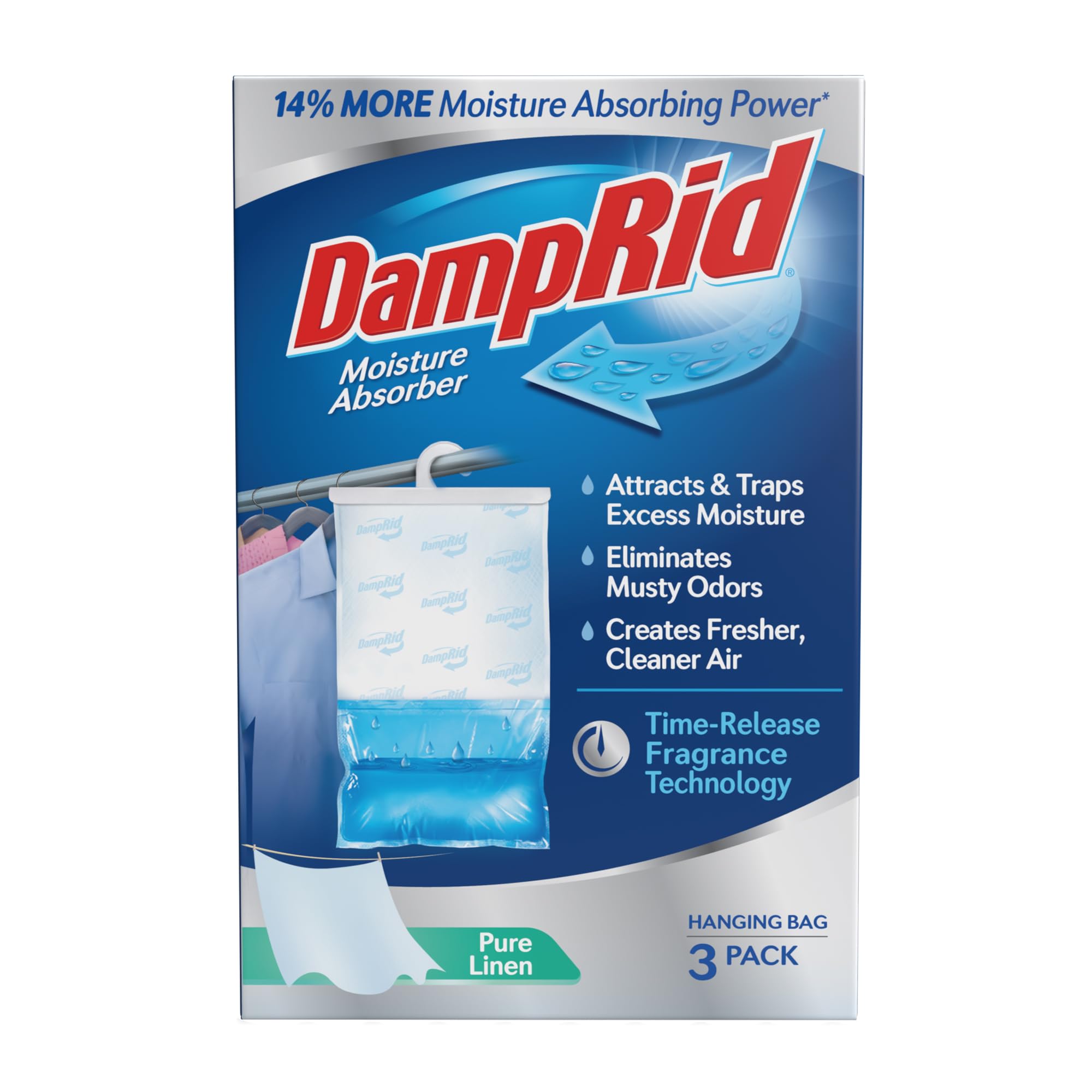 DampRid Pure Linen hanging bag in packaging showing a three-pack convenience and long-lasting freshness.