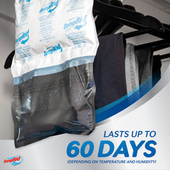 DampRid Pure Linen hanging bag shows replacement indicator line for easy upkeep.