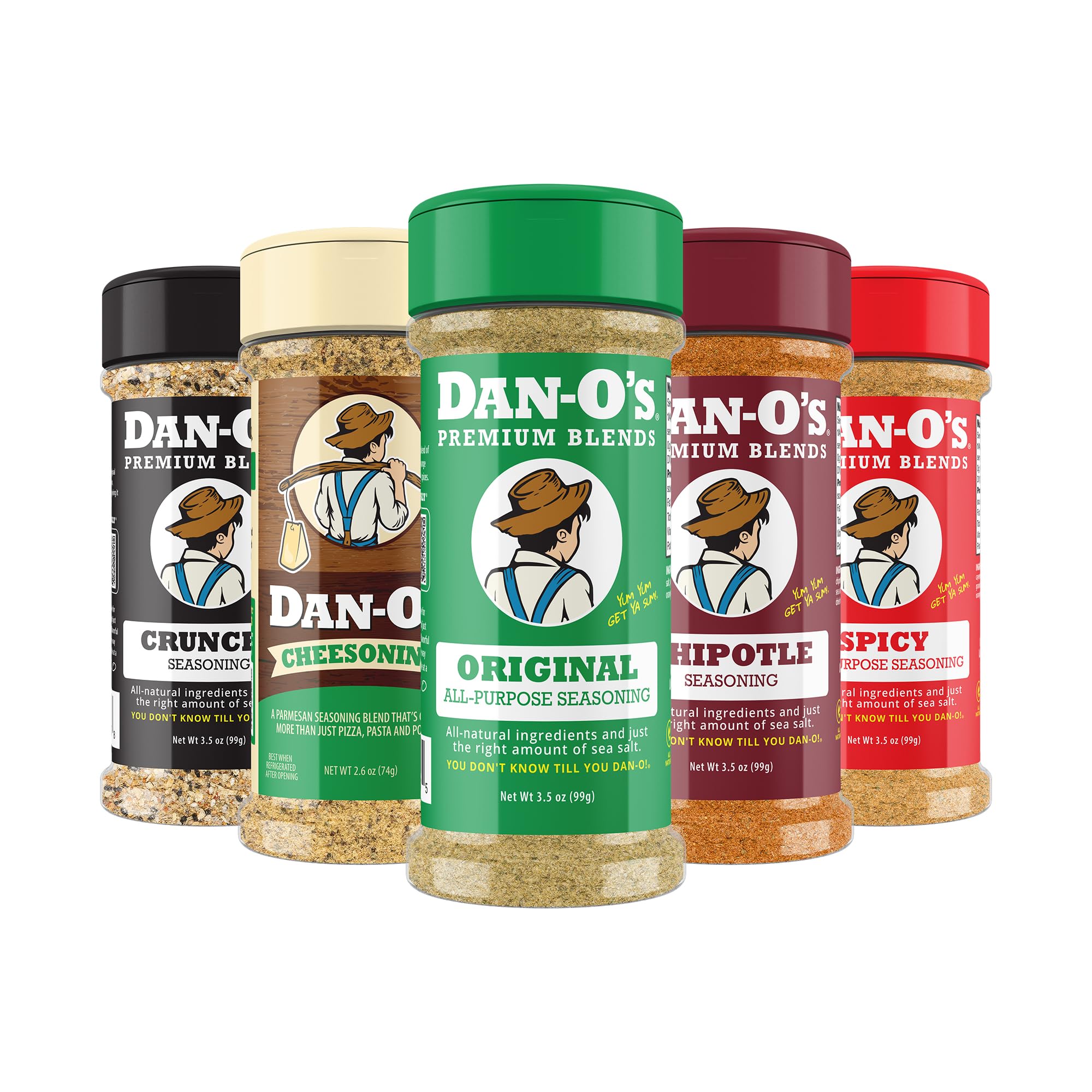 Dan-O's 5-bottle set on the kitchen counter ready to flavor meals.