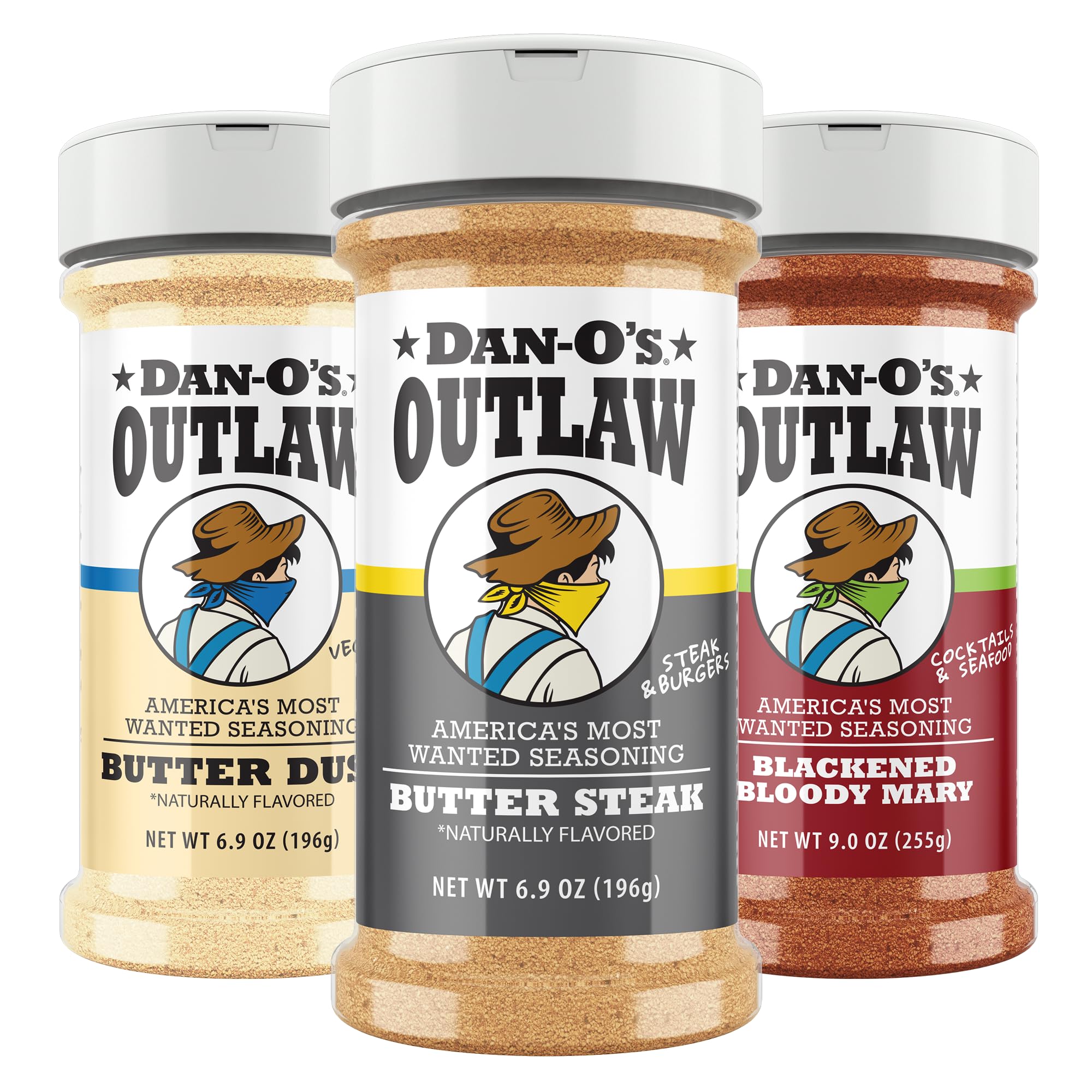 Dan-O's Outlaw Butter Dust bottle showcases rich, buttery flavor perfect for popcorn and veggies.