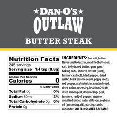 Dan-O's Outlaw Butter Steak bottle delivers peppery, steakhouse depth for beef and burgers.
