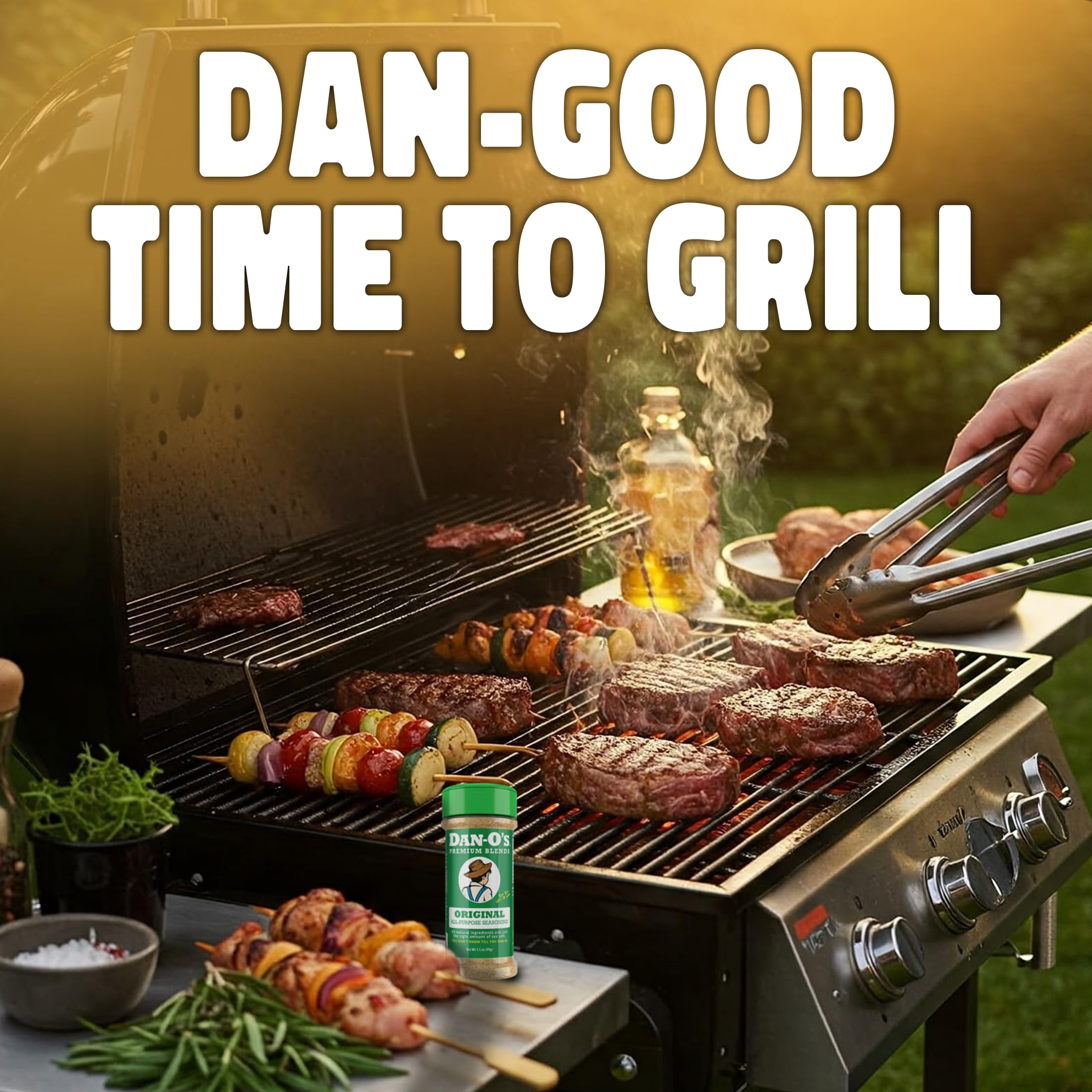 Dan-O's Butter Steak Seasoning bottle on the grill for summer steaks and vegetables.