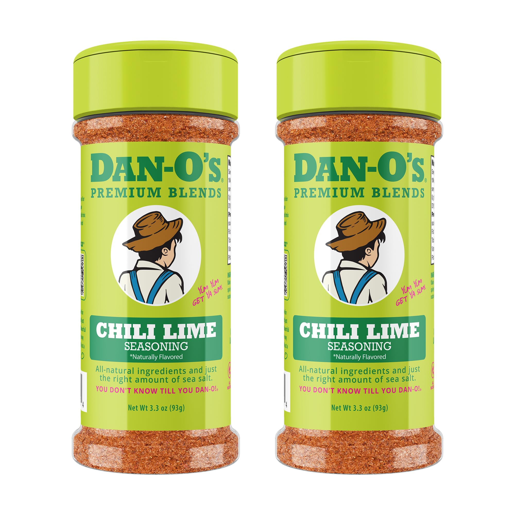 Dan-O's small chili lime seasoning bottle on counter, ready for quick citrus heat.