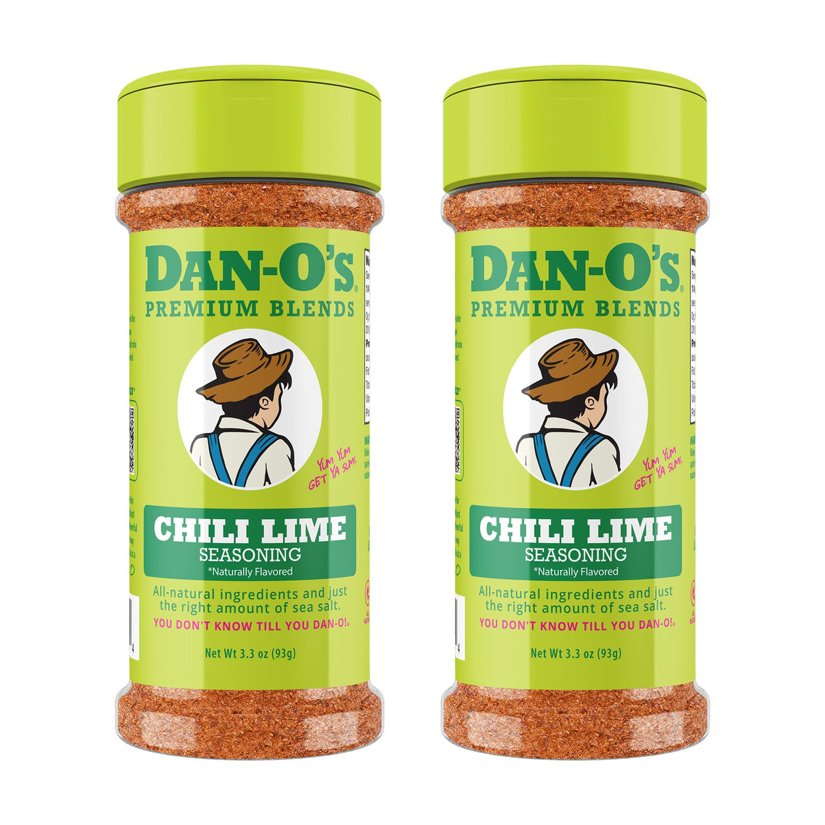 Dan-O's small chili lime seasoning bottle on counter, ready for quick citrus heat.