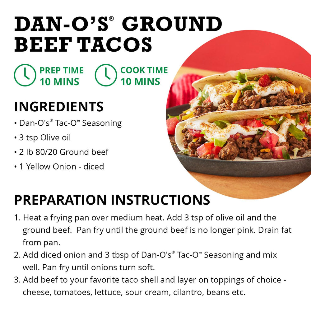 Dan-O's Tac-O seasoning dusted on tacos with bold aroma