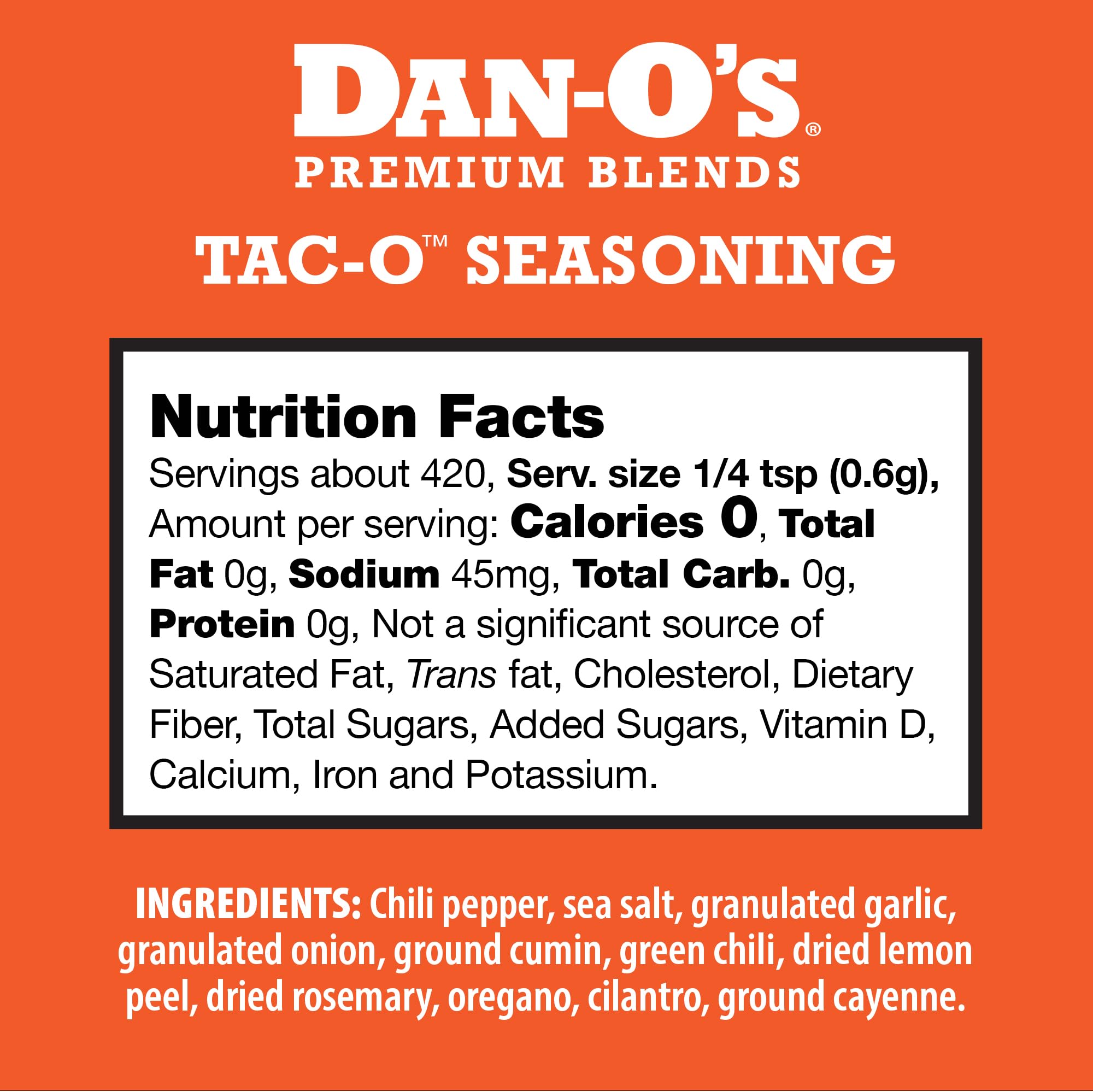 Dan-O's Tac-O seasoning jar back highlights ingredients and zero calorie feature