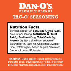 Dan-O's Tac-O seasoning jar back highlights ingredients and zero calorie feature