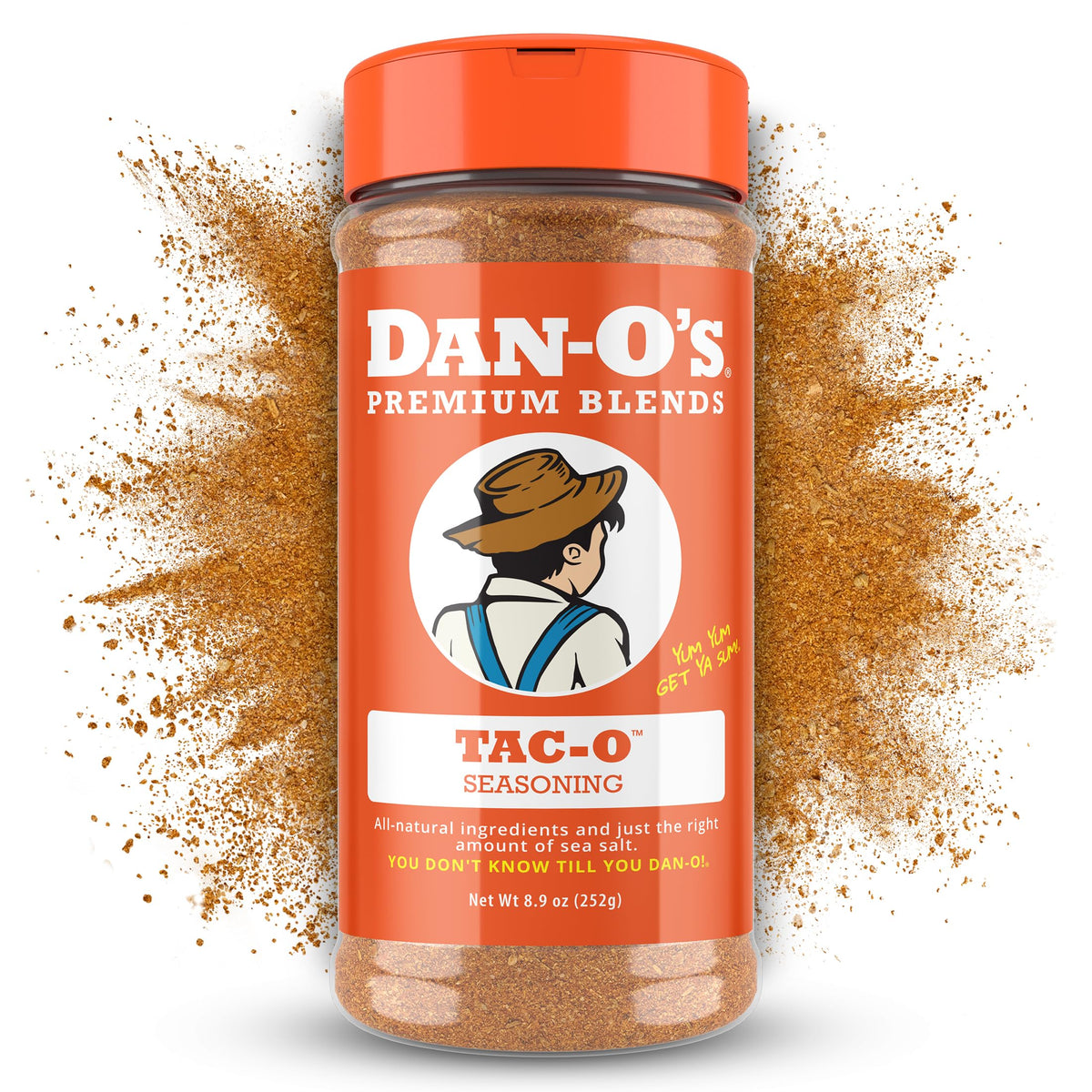Dan-O's Tac-O seasoning jar front showing bold flavor potential for versatile meals