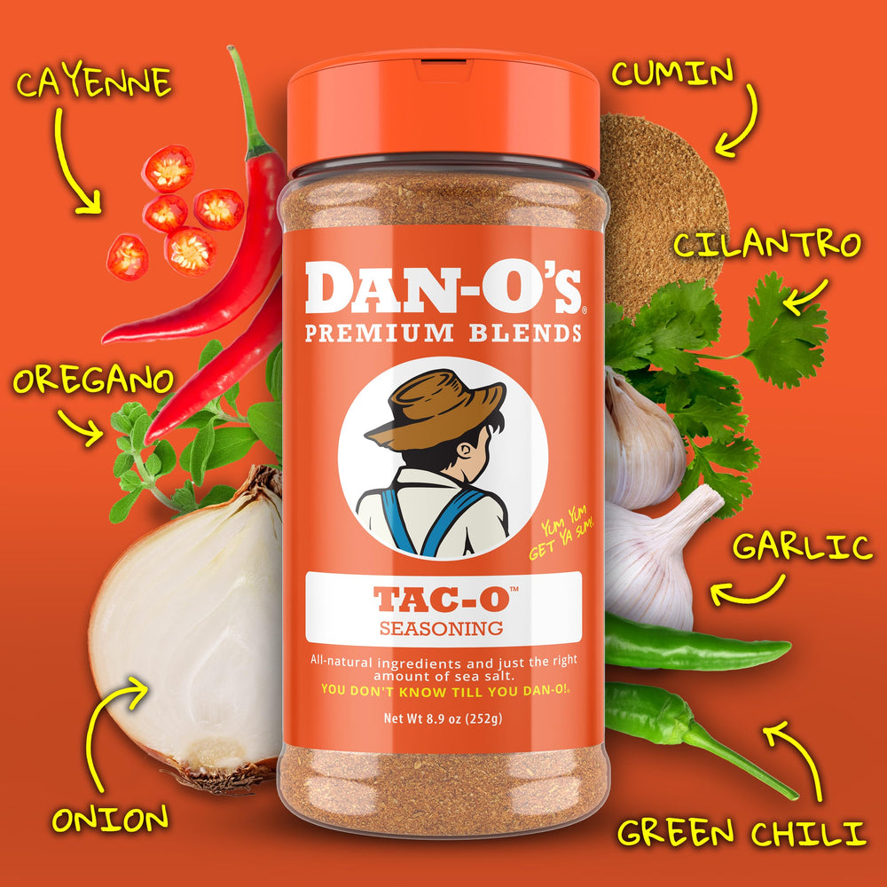 Dan-O's Tac-O seasoning jar pour demonstrates easy sprinkling for flavor boosts
