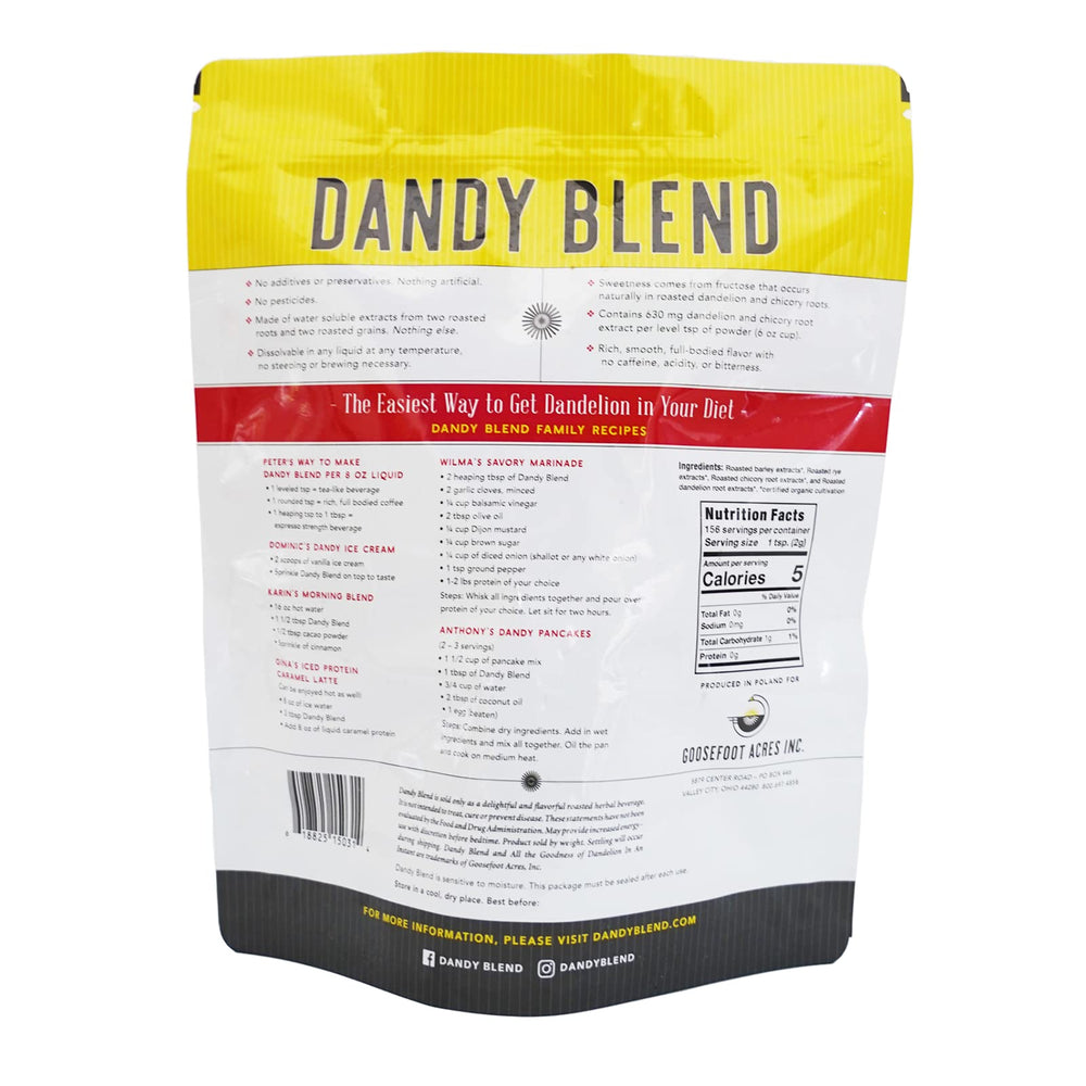 Dandy Blend ingredients showcase roasted barley, rye, chicory, and dandelion for rich flavor.