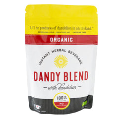 Dandy Blend organic dandelion bag front shows a caffeine-free coffee alternative.