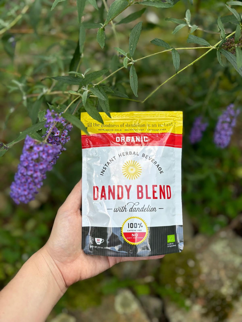 Dandy Blend organic dandelion ingredients highlight natural sourcing and plant-based flavor.