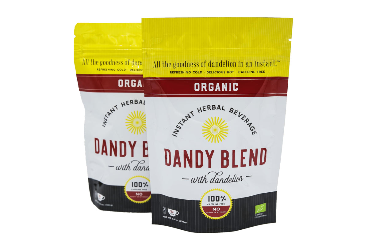 Dandy Blend packaging front showing instant herbal beverage, caffeine-free coffee substitute
