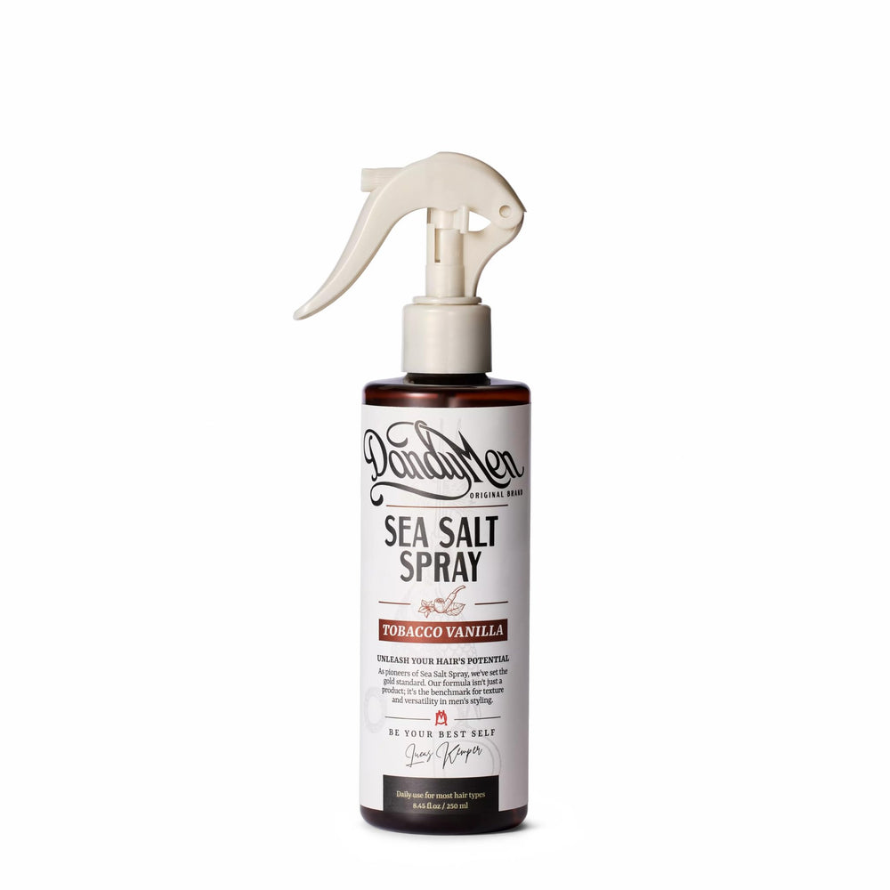 DandyMen Sea Salt Spray bottle demonstrates lightweight texture for casual, touchable hair.
